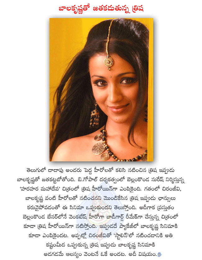 heroine trisha,trisha krishnan,trisha latest movies,trisha with venkatesh in bodyguard remake,trisha pairing with balakrishna in hara hara mahadeva,hara hara mahadeva director b.gopal,hara hara mahadeva producer bellamkonda suresh  heroine trisha, trisha krishnan, trisha latest movies, trisha with venkatesh in bodyguard remake, trisha pairing with balakrishna in hara hara mahadeva, hara hara mahadeva director b.gopal, hara hara mahadeva producer bellamkonda suresh